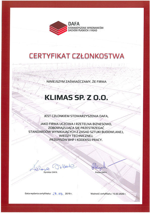 KLIMAS WKRET-MET z Certyfikatem Stowarzyszenia Wykonawców Dachów Płaskich i Fasad DAFA